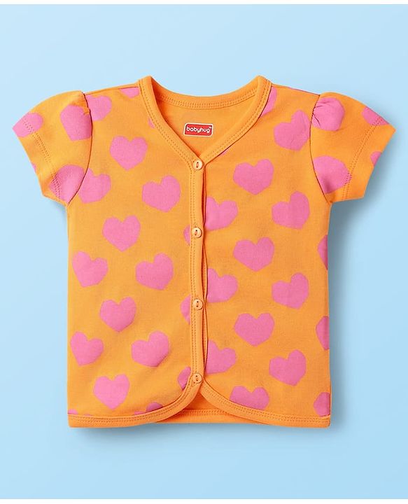 Babyhug 100% Cotton Interlock Knit Half Sleeves Front Open jhabla with Floral & Heart Print Pack of 3 - Orange Pink & White