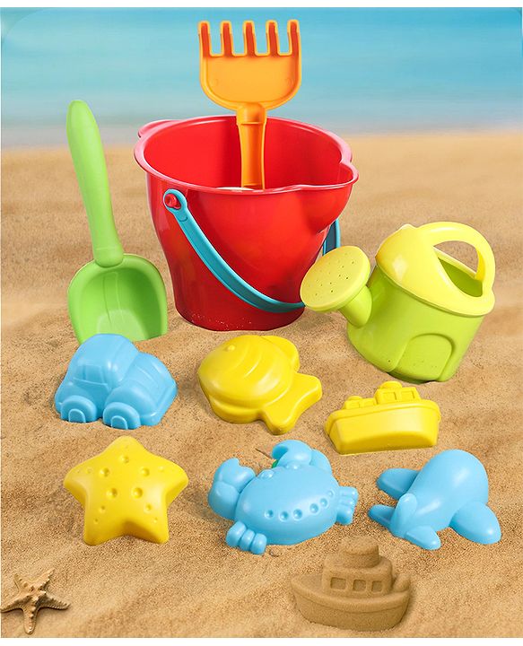 Babyhug 10 PCs Beach Play Set with Buckets, Shovels & Moulds for Kids & Toddlers, Outdoor Play | Bath Toy | BPA-Free | Imagination & Creativity | Shape & Color Recognition| Red |BIS Certified