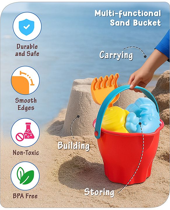 Babyhug 10 PCs Beach Play Set with Buckets, Shovels & Moulds for Kids & Toddlers, Outdoor Play | Bath Toy | BPA-Free | Imagination & Creativity | Shape & Color Recognition| Red |BIS Certified