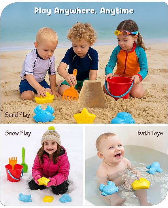 Babyhug 10 PCs Beach Play Set with Buckets, Shovels & Moulds for Kids & Toddlers, Outdoor Play | Bath Toy | BPA-Free | Imagination & Creativity | Shape & Color Recognition| Red |BIS Certified