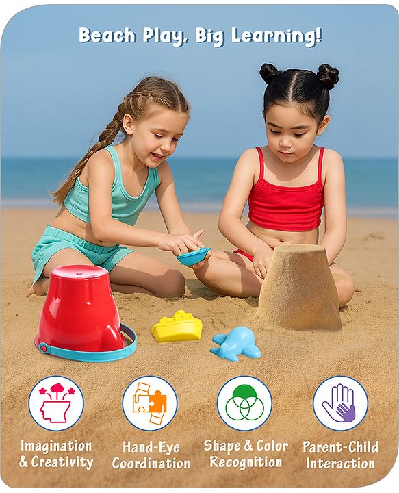Babyhug 10 PCs Beach Play Set with Buckets, Shovels & Moulds for Kids & Toddlers, Outdoor Play | Bath Toy | BPA-Free | Imagination & Creativity | Shape & Color Recognition| Red |BIS Certified