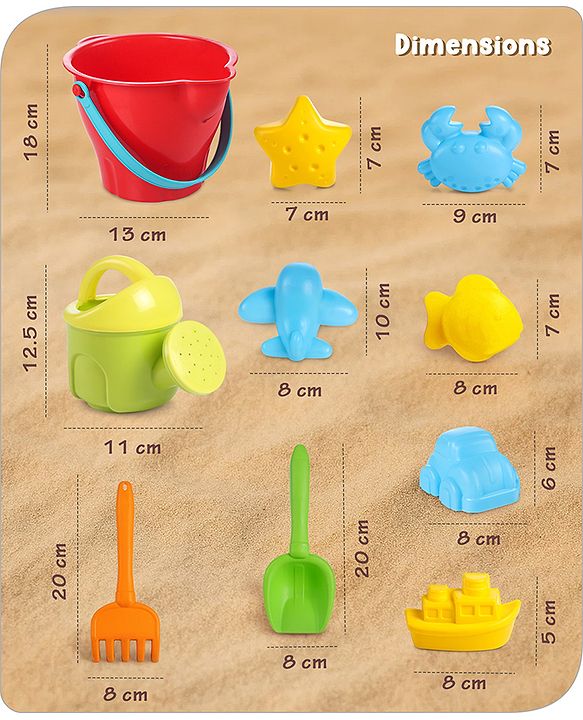 Babyhug 10 PCs Beach Play Set with Buckets, Shovels & Moulds for Kids & Toddlers, Outdoor Play | Bath Toy | BPA-Free | Imagination & Creativity | Shape & Color Recognition| Red |BIS Certified