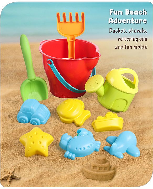 Babyhug 10 PCs Beach Play Set with Buckets, Shovels & Moulds for Kids & Toddlers, Outdoor Play | Bath Toy | BPA-Free | Imagination & Creativity | Shape & Color Recognition| Red |BIS Certified