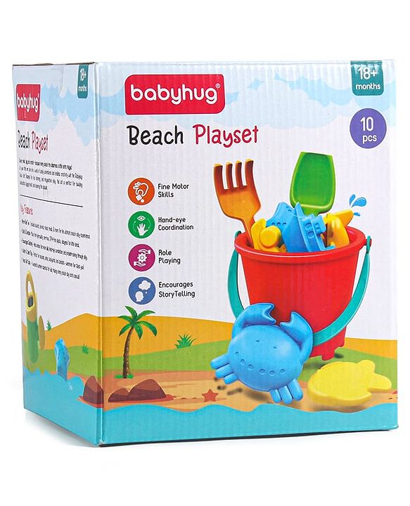 Babyhug 10 PCs Beach Play Set with Buckets, Shovels & Moulds for Kids & Toddlers, Outdoor Play | Bath Toy | BPA-Free | Imagination & Creativity | Shape & Color Recognition| Red |BIS Certified