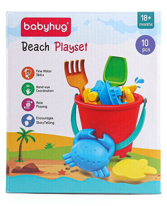 Babyhug 10 PCs Beach Play Set with Buckets, Shovels & Moulds for Kids & Toddlers, Outdoor Play | Bath Toy | BPA-Free | Imagination & Creativity | Shape & Color Recognition| Red |BIS Certified