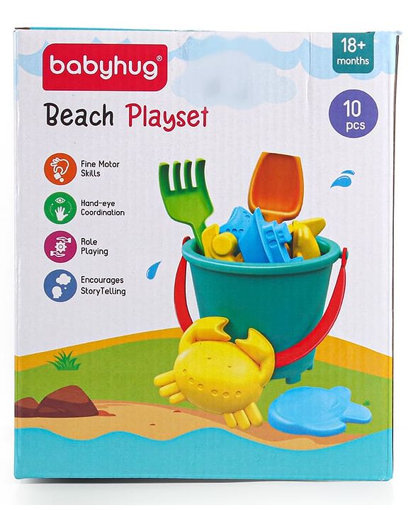Babyhug 10 PCs Beach Play Set with Buckets, Shovels & Moulds for Kids & Toddlers, Outdoor Play | Bath Toy | BPA-Free | Imagination & Creativity | Shape & Color Recognition| Red |BIS Certified