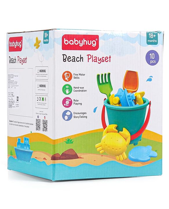 Babyhug 10 PCs Beach Play Set with Buckets, Shovels & Moulds for Kids & Toddlers, Outdoor Play | Bath Toy | BPA-Free | Imagination & Creativity | Shape & Color Recognition| Red |BIS Certified