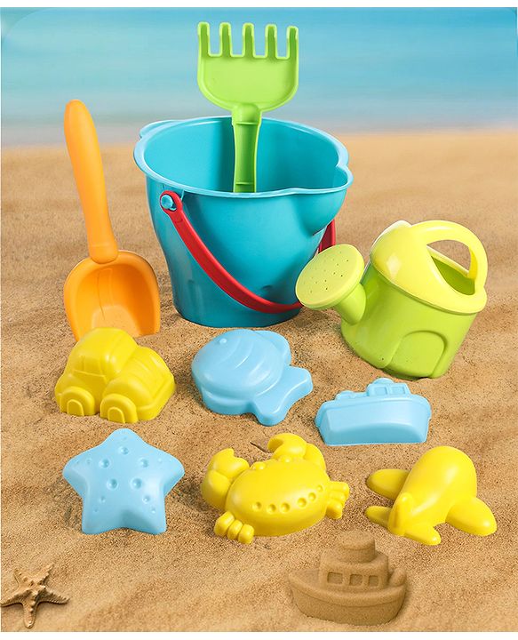 Babyhug 10 PCs Beach Play Set with Buckets, Shovels & Moulds for Kids & Toddlers, Outdoor Play | Bath Toy | BPA-Free | Imagination & Creativity | Shape & Color Recognition| Red |BIS Certified