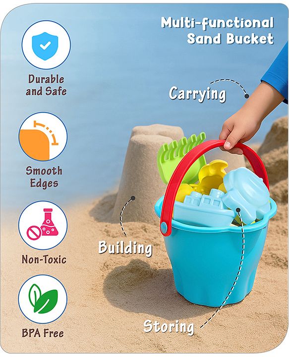 Babyhug 10 PCs Beach Play Set with Buckets, Shovels & Moulds for Kids & Toddlers, Outdoor Play | Bath Toy | BPA-Free | Imagination & Creativity | Shape & Color Recognition| Red |BIS Certified