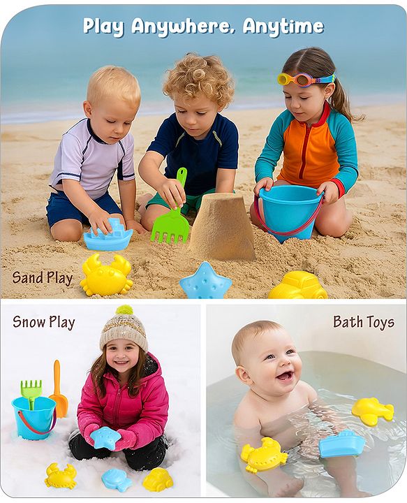 Babyhug 10 PCs Beach Play Set with Buckets, Shovels & Moulds for Kids & Toddlers, Outdoor Play | Bath Toy | BPA-Free | Imagination & Creativity | Shape & Color Recognition| Red |BIS Certified