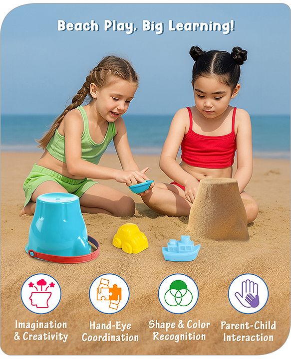 Babyhug 10 PCs Beach Play Set with Buckets, Shovels & Moulds for Kids & Toddlers, Outdoor Play | Bath Toy | BPA-Free | Imagination & Creativity | Shape & Color Recognition| Red |BIS Certified