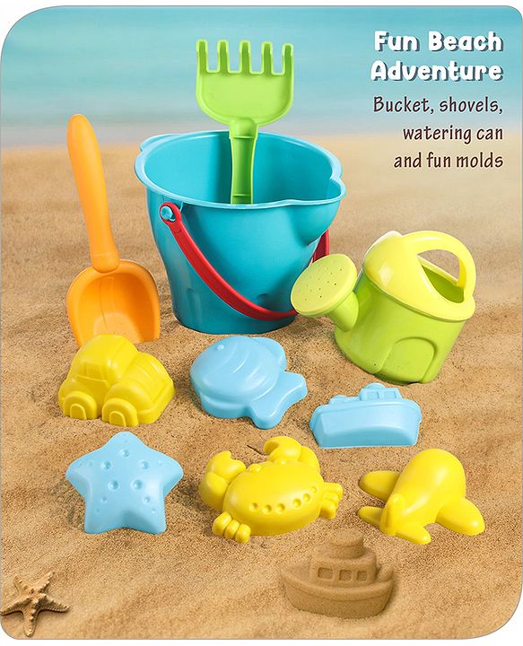 Babyhug 10 PCs Beach Play Set with Buckets, Shovels & Moulds for Kids & Toddlers, Outdoor Play | Bath Toy | BPA-Free | Imagination & Creativity | Shape & Color Recognition| Red |BIS Certified