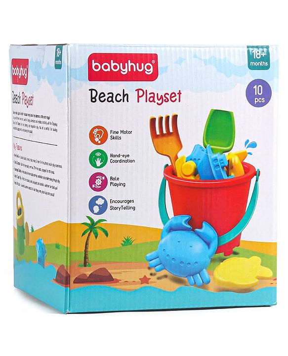 Babyhug 10 PCs Beach Play Set with Buckets, Shovels & Moulds for Kids & Toddlers, Outdoor Play | Bath Toy | BPA-Free | Imagination & Creativity | Shape & Color Recognition| Red |BIS Certified