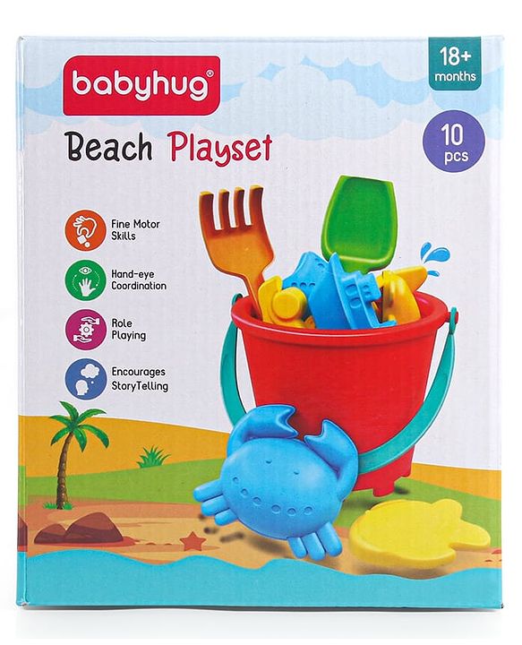 Babyhug 10 PCs Beach Play Set with Buckets, Shovels & Moulds for Kids & Toddlers, Outdoor Play | Bath Toy | BPA-Free | Imagination & Creativity | Shape & Color Recognition| Red |BIS Certified