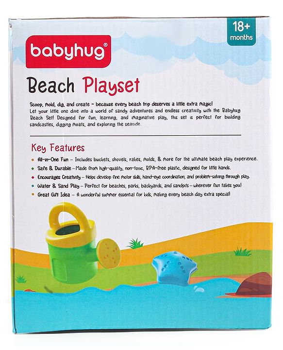 Babyhug 10 PCs Beach Play Set with Buckets, Shovels & Moulds for Kids & Toddlers, Outdoor Play | Bath Toy | BPA-Free | Imagination & Creativity | Shape & Color Recognition| Red |BIS Certified