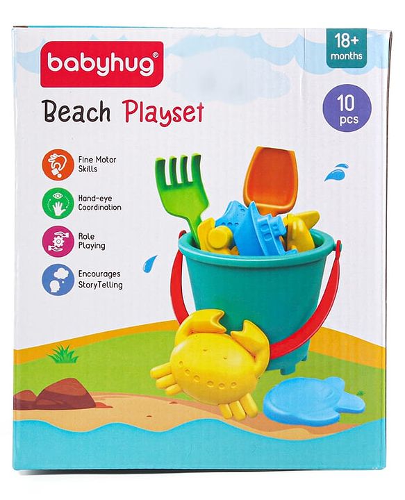 Babyhug 10 PCs Beach Play Set with Buckets, Shovels & Moulds for Kids & Toddlers, Outdoor Play | Bath Toy | BPA-Free | Imagination & Creativity | Shape & Color Recognition| Red |BIS Certified