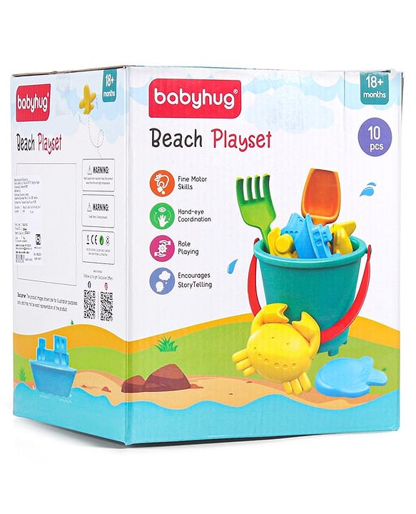Babyhug 10 PCs Beach Play Set with Buckets, Shovels & Moulds for Kids & Toddlers, Outdoor Play | Bath Toy | BPA-Free | Imagination & Creativity | Shape & Color Recognition| Red |BIS Certified