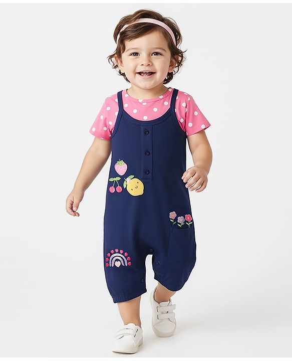 Babyhug Single Jersey Knit Polka Dot Printed Dungaree Style Romper with Half Sleeves Inner Tee - Pink & Navy Blue