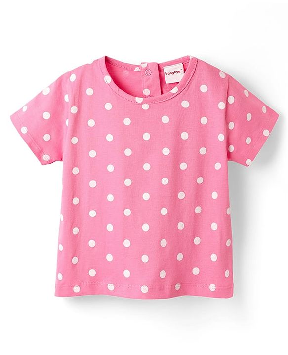 Babyhug Single Jersey Knit Polka Dot Printed Dungaree Style Romper with Half Sleeves Inner Tee - Pink & Navy Blue