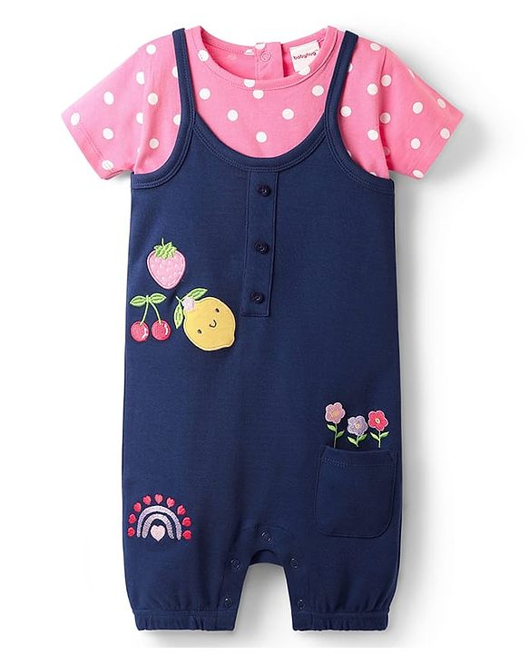 Babyhug Single Jersey Knit Polka Dot Printed Dungaree Style Romper with Half Sleeves Inner Tee - Pink & Navy Blue