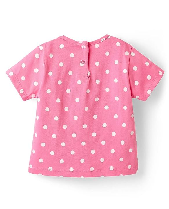 Babyhug Single Jersey Knit Polka Dot Printed Dungaree Style Romper with Half Sleeves Inner Tee - Pink & Navy Blue