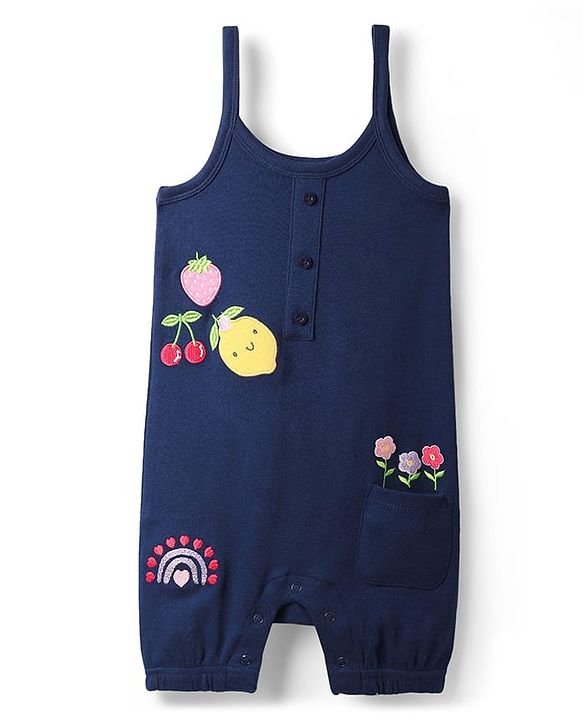Babyhug Single Jersey Knit Polka Dot Printed Dungaree Style Romper with Half Sleeves Inner Tee - Pink & Navy Blue