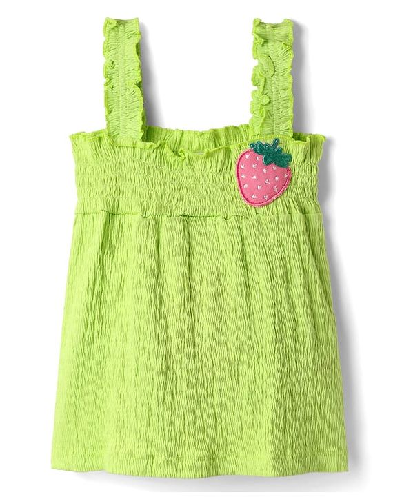 Babyhug Single Jersey Knit Sleeveless Solid Color Top & Shorts Set with Bow Applique & Strawberry Patch - Light Green