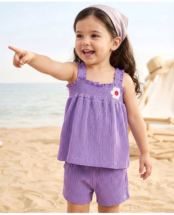 Babyhug Single Jersey Knit Sleeveless Solid Color Top & Shorts Set with Bow Applique & Strawberry Patch - Purple