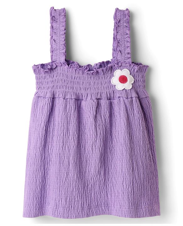 Babyhug Single Jersey Knit Sleeveless Solid Color Top & Shorts Set with Bow Applique & Strawberry Patch - Purple