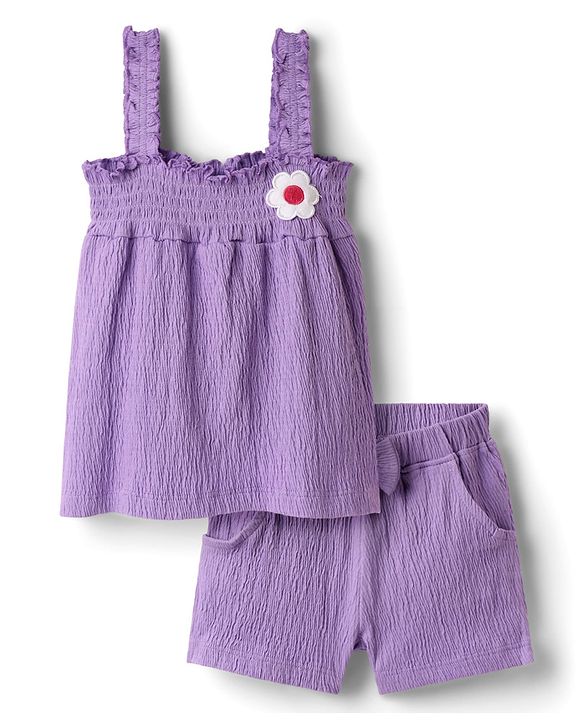Babyhug Single Jersey Knit Sleeveless Solid Color Top & Shorts Set with Bow Applique & Strawberry Patch - Purple
