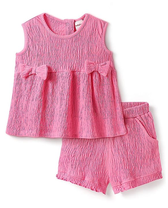 Babyhug Single Jersey Knit Sleeveless Solid Color Top & Shorts Set with Bow Applique - Dark Pink