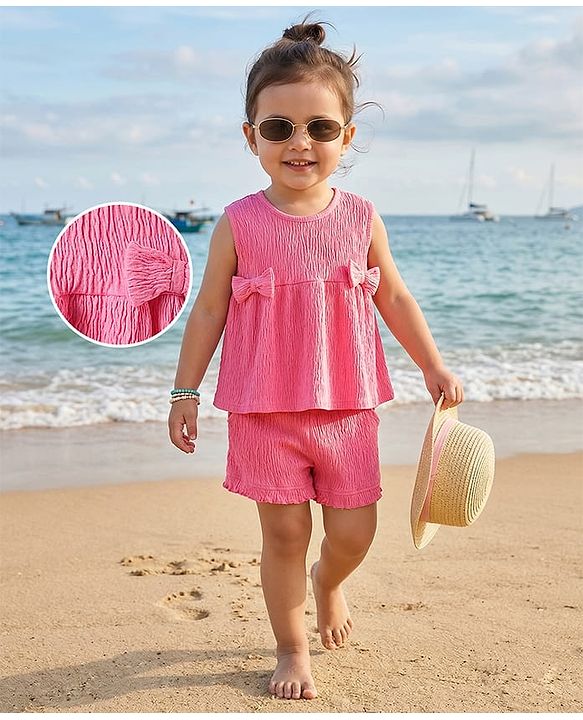 Babyhug Single Jersey Knit Sleeveless Solid Color Top & Shorts Set with Bow Applique - Dark Pink