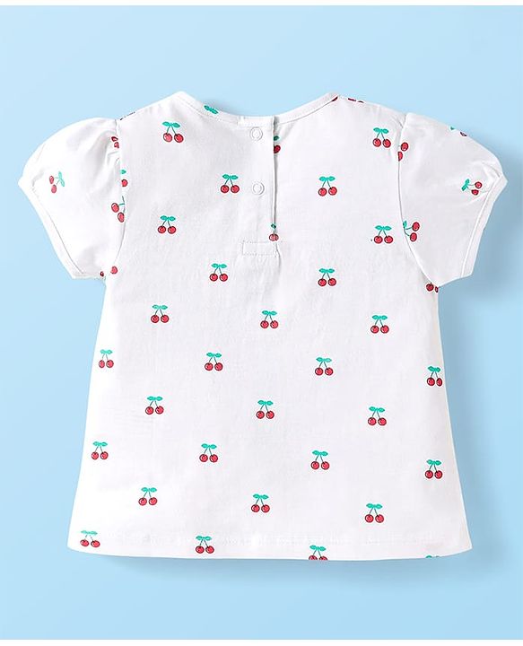 Babyhug Single Jersey Knit Half Sleeves Inner Top & Dungaree with Checks & Cherry Print - White & Blue