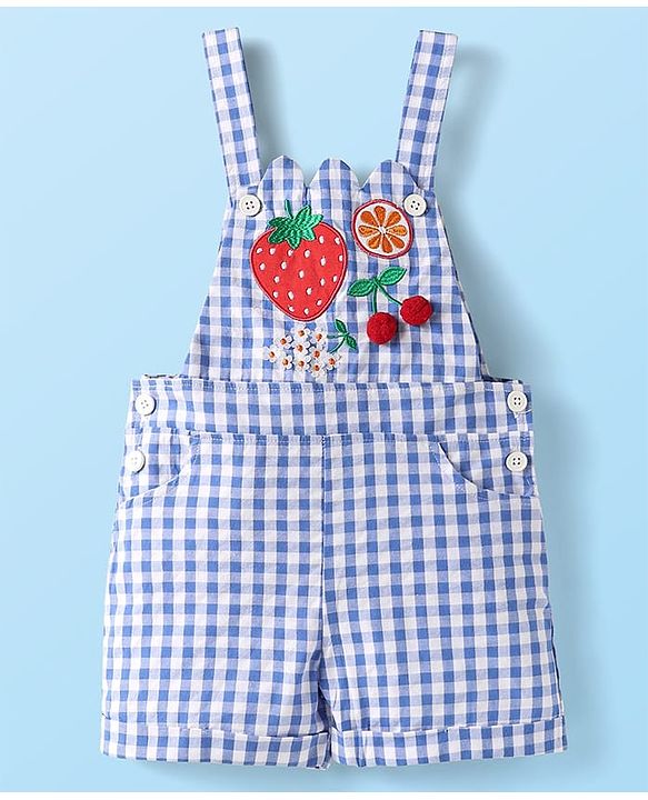 Babyhug Single Jersey Knit Half Sleeves Inner Top & Dungaree with Checks & Cherry Print - White & Blue