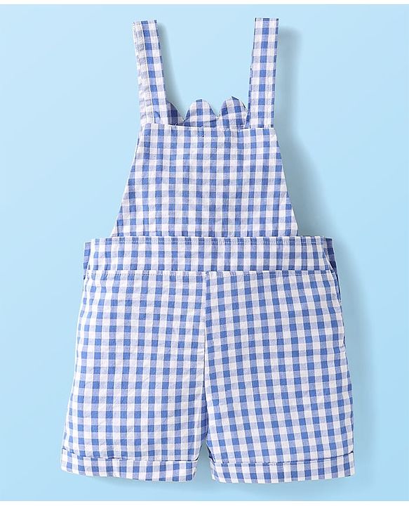 Babyhug Single Jersey Knit Half Sleeves Inner Top & Dungaree with Checks & Cherry Print - White & Blue