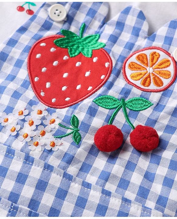 Babyhug Single Jersey Knit Half Sleeves Inner Top & Dungaree with Checks & Cherry Print - White & Blue