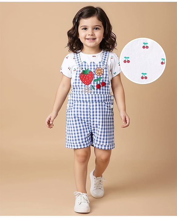 Babyhug Single Jersey Knit Half Sleeves Inner Top & Dungaree with Checks & Cherry Print - White & Blue