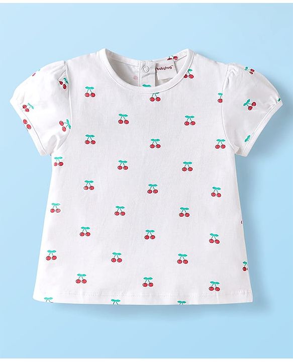 Babyhug Single Jersey Knit Half Sleeves Inner Top & Dungaree with Checks & Cherry Print - White & Blue