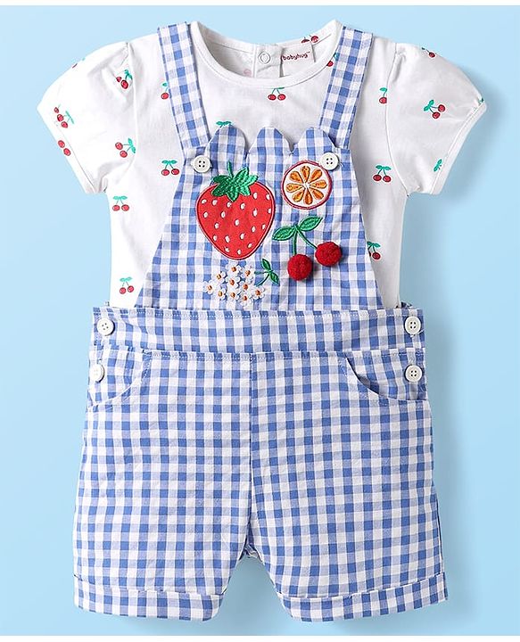 Babyhug Single Jersey Knit Half Sleeves Inner Top & Dungaree with Checks & Cherry Print - White & Blue