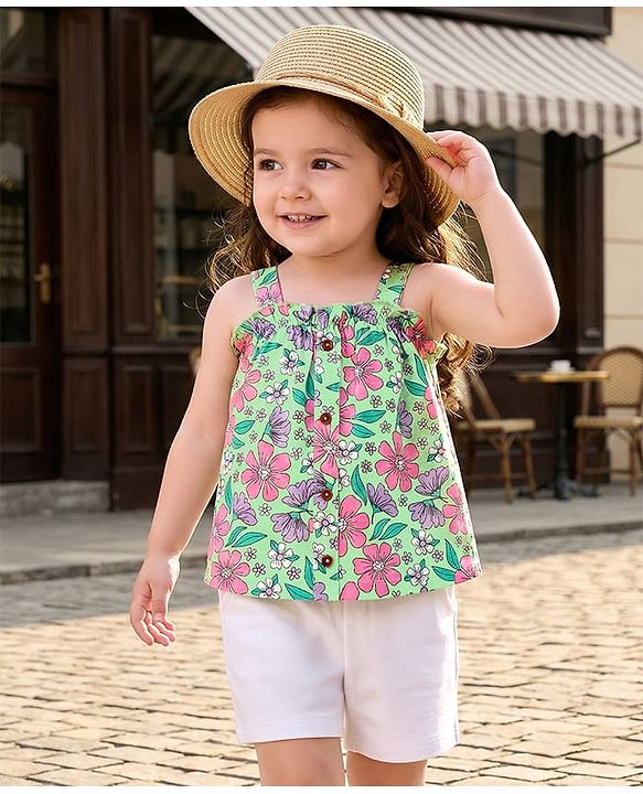 Babyhug Single Jersey Knit Sleeveless Top & Shorts Set with Floral Print - Light Green & White