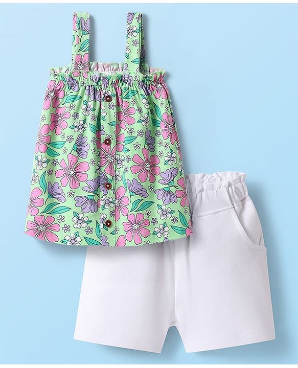 Babyhug Single Jersey Knit Sleeveless Top & Shorts Set with Floral Print - Light Green & White
