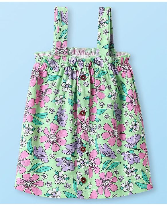 Babyhug Single Jersey Knit Sleeveless Top & Shorts Set with Floral Print - Light Green & White