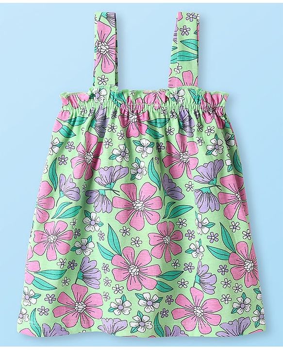 Babyhug Single Jersey Knit Sleeveless Top & Shorts Set with Floral Print - Light Green & White