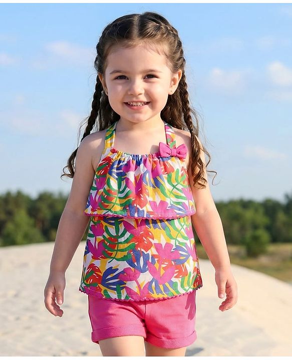 Babyhug Single Jersey Knit Sleeveless Top & Shorts Set with Floral Print Bow Applique & Lace Detailing - Dark Pink