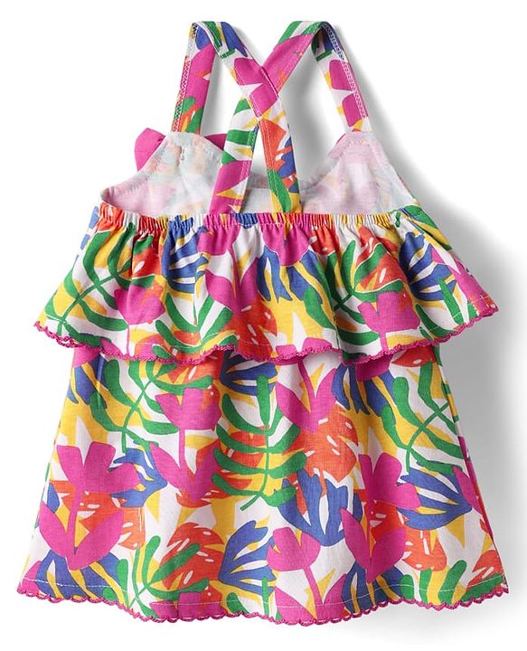 Babyhug Single Jersey Knit Sleeveless Top & Shorts Set with Floral Print Bow Applique & Lace Detailing - Dark Pink