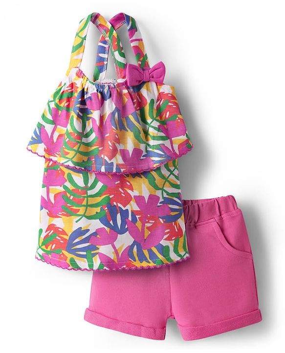 Babyhug Single Jersey Knit Sleeveless Top & Shorts Set with Floral Print Bow Applique & Lace Detailing - Dark Pink
