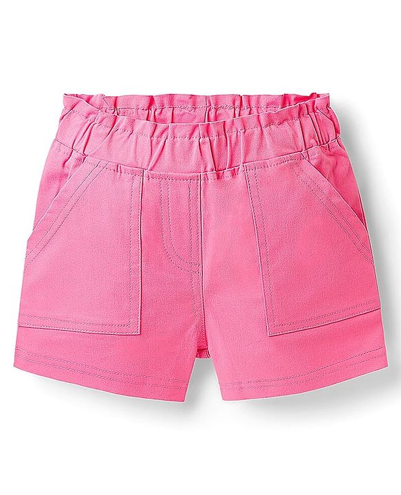 Babyhug Single Jersey Knit Half Puffed Sleeves Top & Woven Stretch Twill Shorts Set With Floral Print & Smocking - Pink