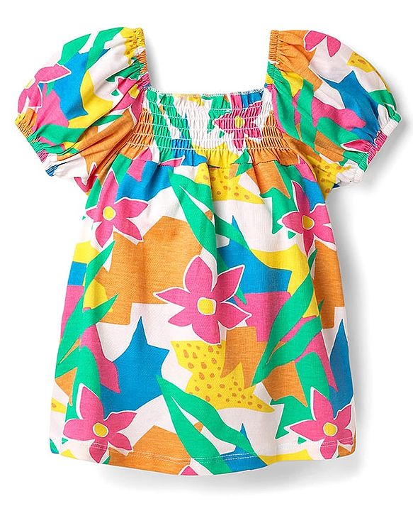 Babyhug Single Jersey Knit Half Puffed Sleeves Top & Woven Stretch Twill Shorts Set With Floral Print & Smocking - Pink