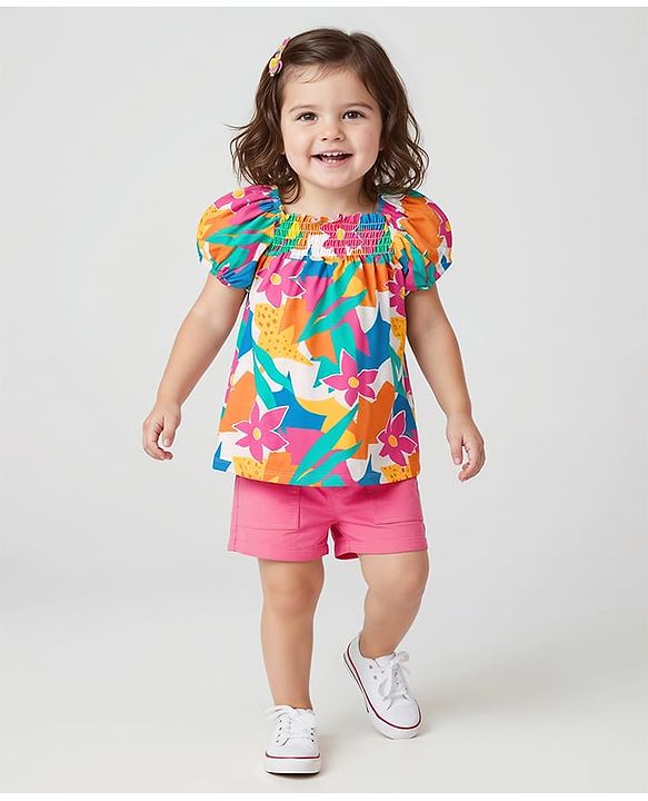 Babyhug Single Jersey Knit Half Puffed Sleeves Top & Woven Stretch Twill Shorts Set With Floral Print & Smocking - Pink