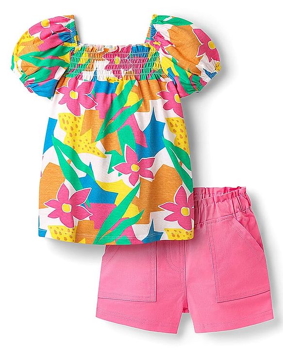 Babyhug Single Jersey Knit Half Puffed Sleeves Top & Woven Stretch Twill Shorts Set With Floral Print & Smocking - Pink